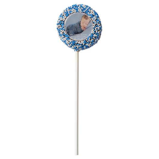 Personalized Blue New Baby Photo Chocolate Covered Oreo Pop (Front)