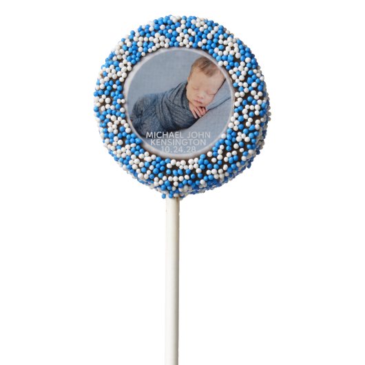 Personalized Blue New Baby Photo Chocolate Covered Oreo Pop (Zoomed)