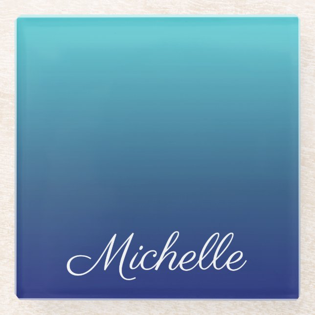 Personalized blue ombre gradient glass coaster (Front)