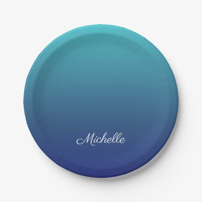 Personalized blue ombre gradient paper plates (Front)