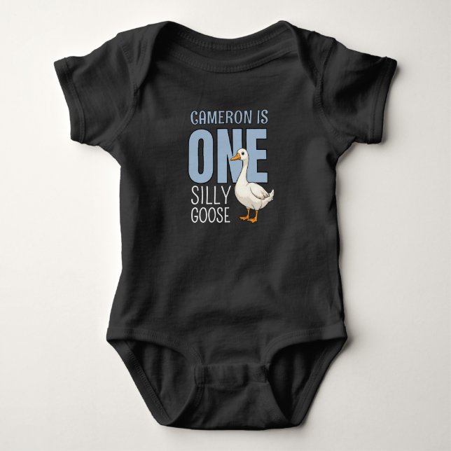 Personalized Blue One Silly Goose First Birthday Baby Bodysuit (Front)