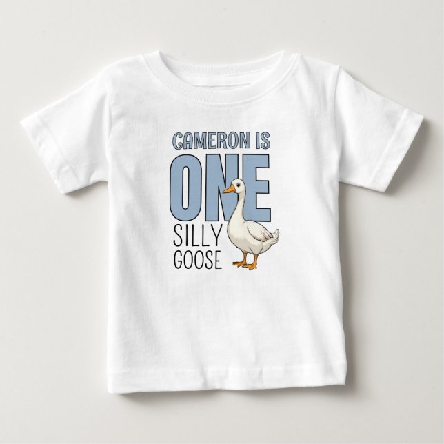 Personalized Blue One Silly Goose First Birthday Baby T-Shirt (Front)