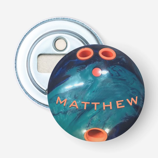 Personalized Blue Orang Bowling Ball Bottle Opener (Front)