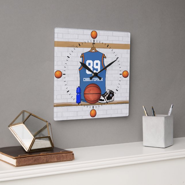 Personalized blue orange  Basketball Jersey wall c Square Wall Clock (Office)