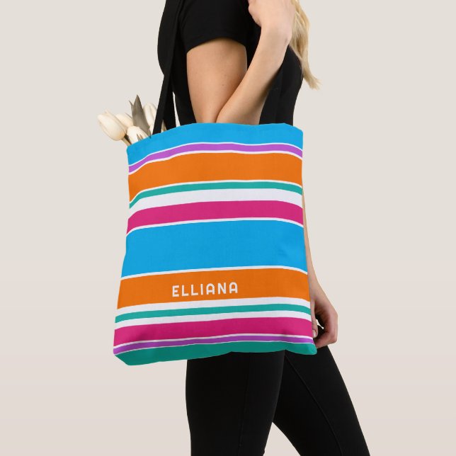 Personalized Blue Orange Pink Art Stripes Tote Bag (Close Up)