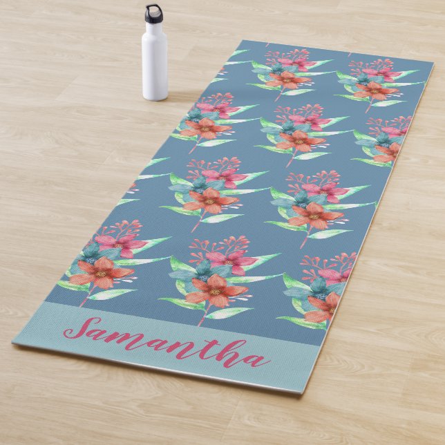 Personalized Blue Orange Pink Floral Yoga Mat (In Situ)