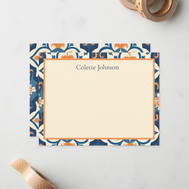 Personalized Blue Orange Tile Stationery Note Card (Front/Back In Situ)