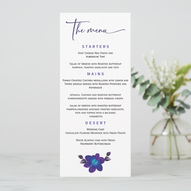Personalized Blue Orchid Wedding Menu Template (Standing Front)