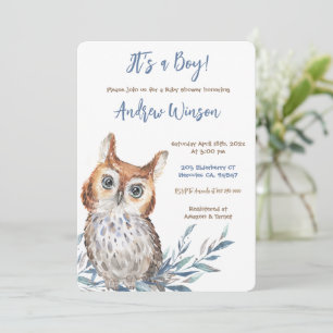 Personalized Blue Owl Baby Shower Invitation