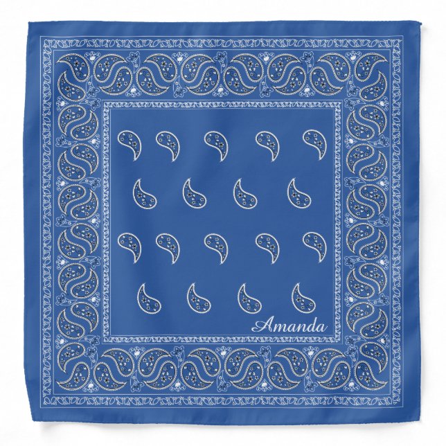 Personalized blue paisley bandana, edit name bandana (Front)