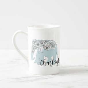 Personalized Blue Paisley Elephant Boho Chic Bone China Mug