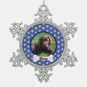Personalized Blue Paw Print Dog Puppy Bone Photo Snowflake Pewter Christmas Ornament