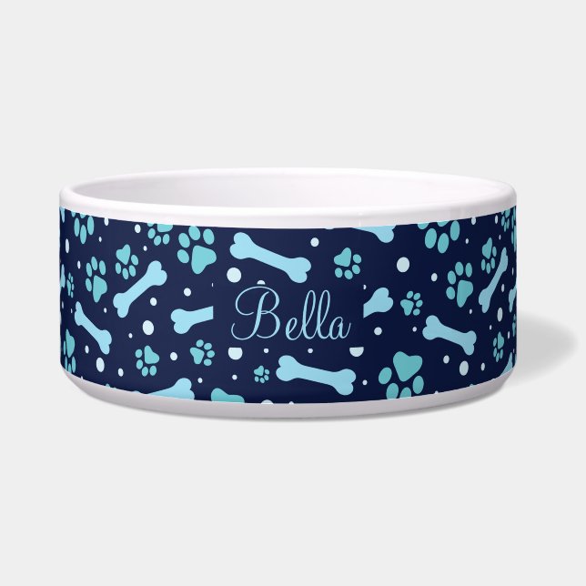 Personalized Blue Paw Prints Dog Bowl (Front)