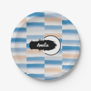 Personalized Blue Peach Watercolor Round Paper Plates