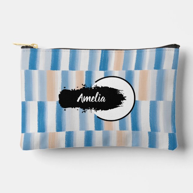 Personalized Blue Peach Watercolor Striped Accessory Pouch (Front)