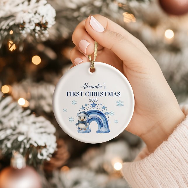 Personalized Blue Penguin Baby  First Christmas Ceramic Ornament (Creator Uploaded)