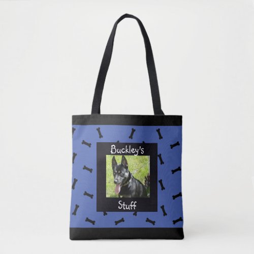 Personalized Blue Pet Photo Dog Bone Tote Bag