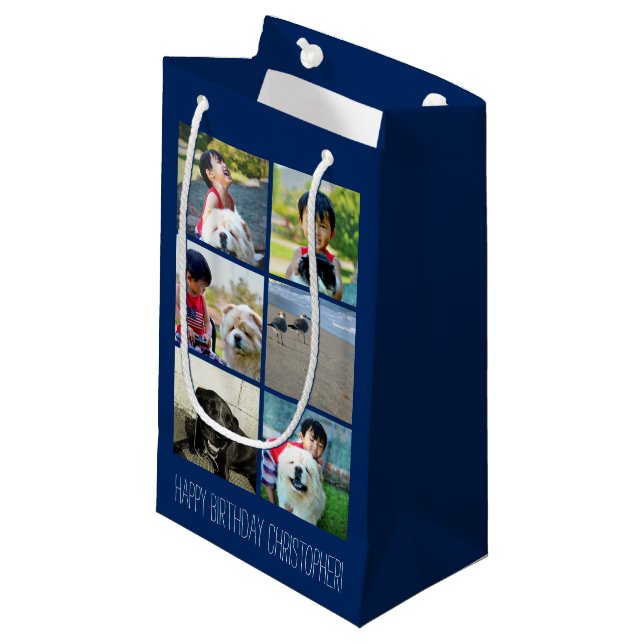 Personalized Blue Photo Mosaic Picture Collage Small Gift Bag (Front Angled)