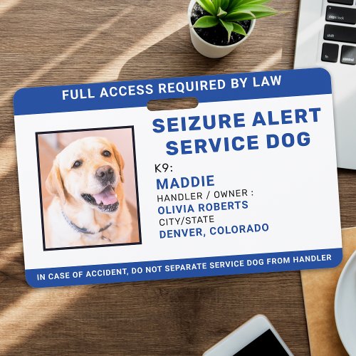 Personalized Blue Photo Seizure Alert Service Dog Badge