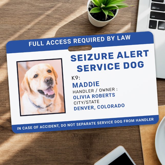 Personalized Blue Photo Seizure Alert Service Dog Badge (Creator Uploaded)