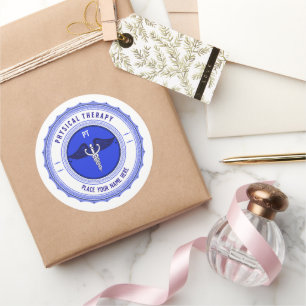 Personalized Blue Physical Therapy Caduceus Classic Round Sticker