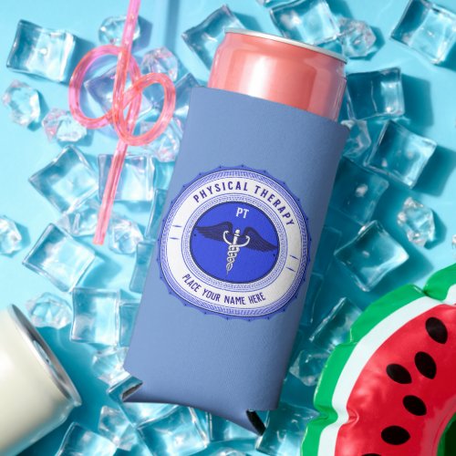 Personalized Blue Physical Therapy Caduceus Seltzer Can Cooler