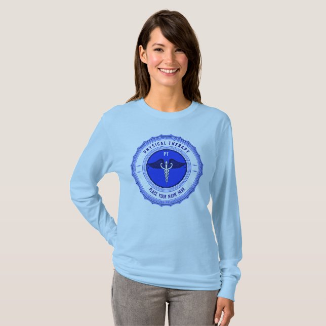 Personalized Blue Physical Therapy Caduceus T-Shirt (Front Full)