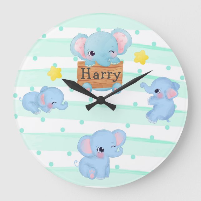 Personalized Blue Pink Baby Elephant Nursery Kids Large Clock (Front)