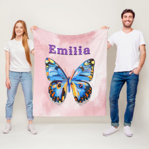 Personalized Blue Pink Butterfly Custom Preppy Fleece Blanket