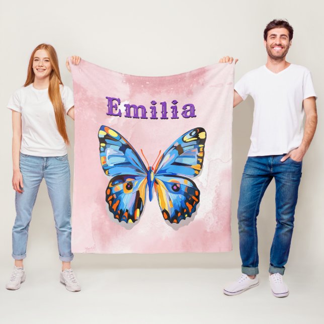 Personalized Blue Pink Butterfly Custom Preppy Fleece Blanket (In Situ)