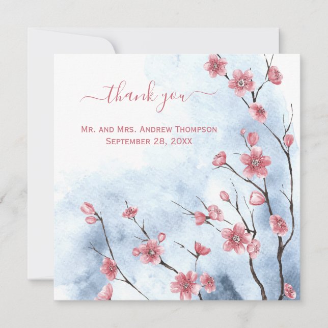 Personalized Blue Pink Floral Wedding Thank you  Card (Front)