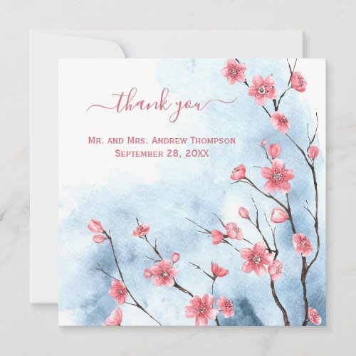 Personalized Blue Pink Floral Wedding Thank you  Card