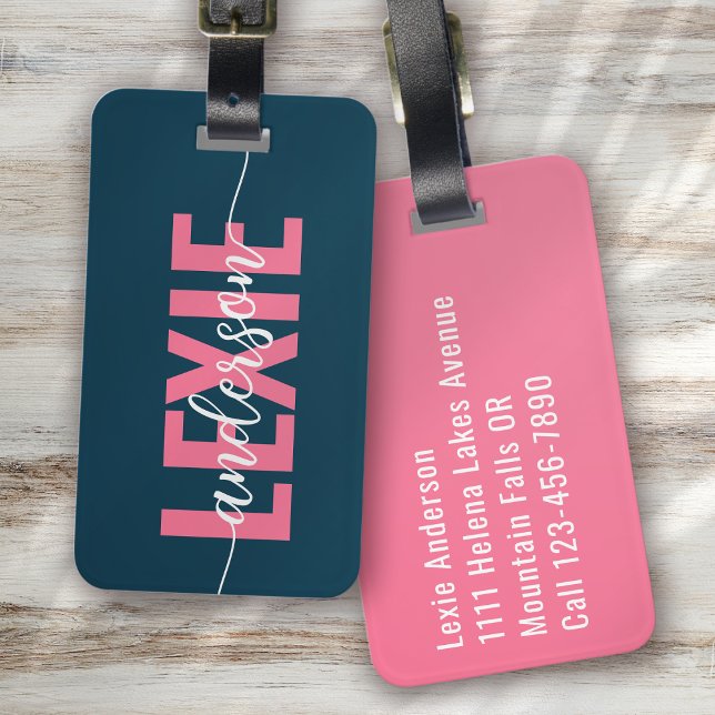 Personalized Blue Pink Monogram Script Luggage Tag (Creator Uploaded)