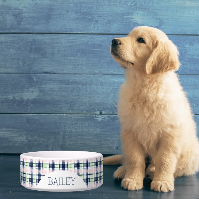 Personalized Blue & Pink Plaid Pet Bowl (Creator Uploaded)