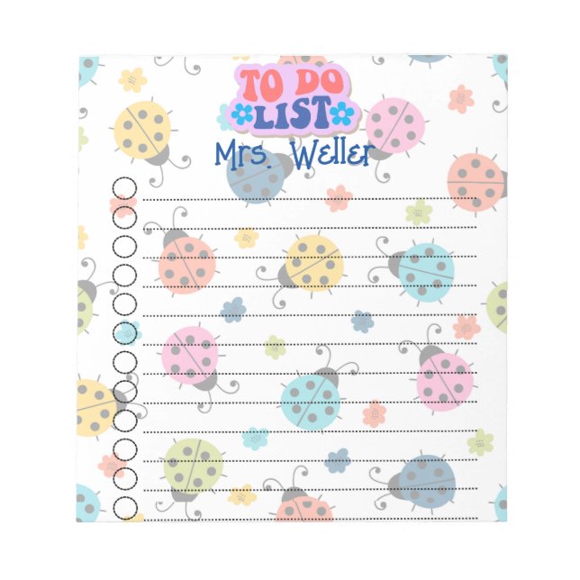 Personalized Blue, Pink, Purple Ladybug To-do List Notepad (Front)