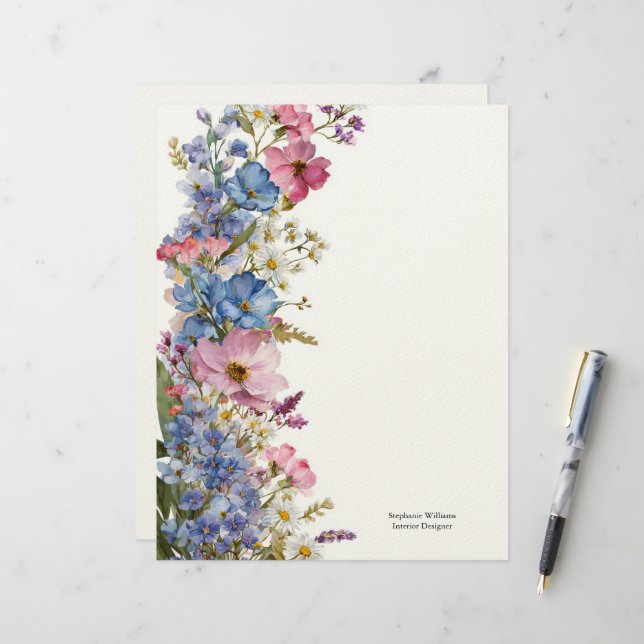 Personalized Blue Pink White Wildflowers Florals  Letterhead (Front/Back In Situ)