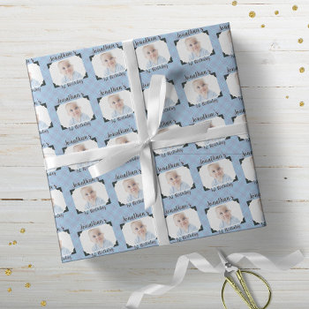 Personalized Blue Plaid Baby Birthday Photo Wrapping Paper by teeloft at Zazzle
