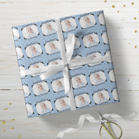 Personalized Blue Plaid Baby Birthday Photo Wrapping Paper