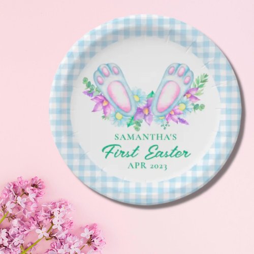 Personalized Blue Plaid Bunny Feet My First Easter Paper Plates