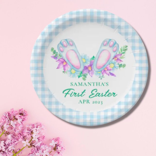 Personalized Blue Plaid Bunny Feet My First Easter Paper Plates (Creator Uploaded)