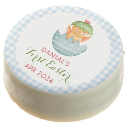 Personalized Blue Plaid Chick Egg My First Easter Chocolate Covered Oreo (Angled)