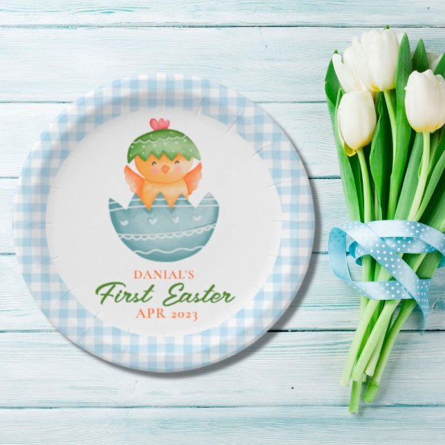 Personalized Blue Plaid Chick Egg My First Easter Paper Plates (Creator Uploaded)
