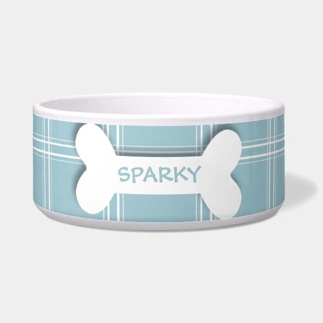 Personalized blue plaid dog bone pet food bowl (Front)