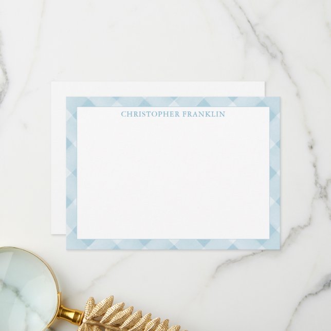 Personalized Blue Plaid New Baby Stationery Thank You Card (Front/Back In Situ)