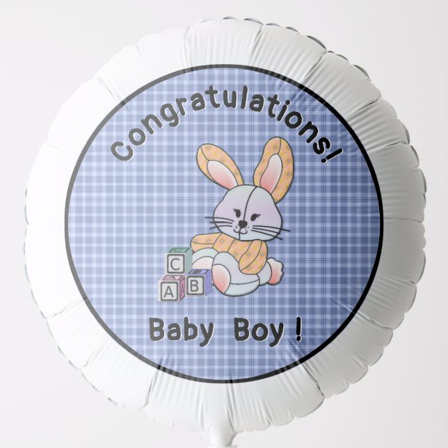 Personalized Blue Plaid Nursery Art - Bunny Balloon (Front)