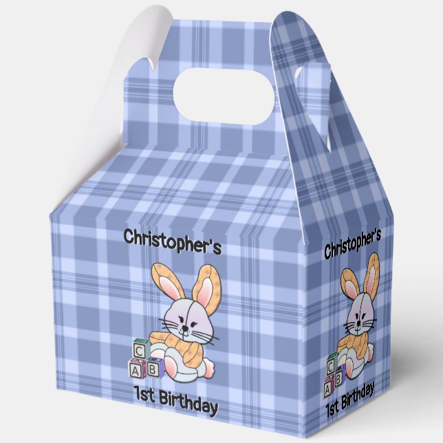 Personalized Blue Plaid Nursery Art - Bunny Favor Boxes (Back)