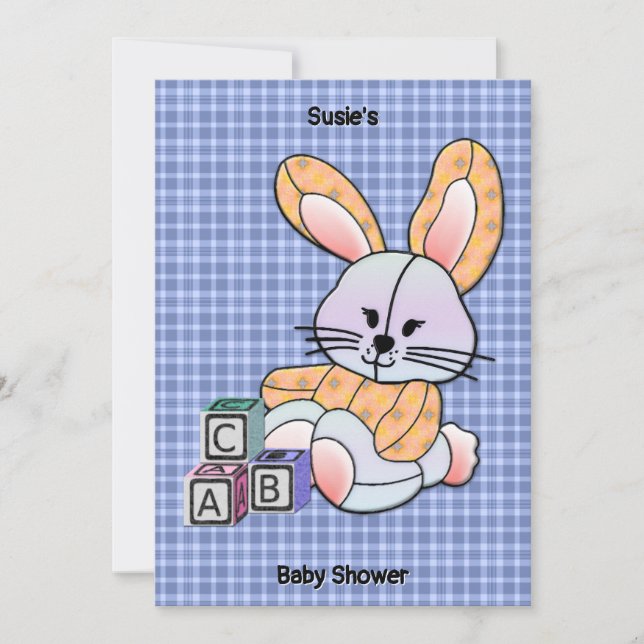Personalized Blue Plaid Nursery Art - Bunny  Invitation (Front)
