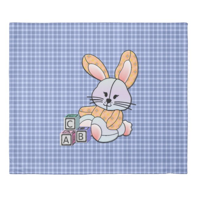 Personalized Blue Plaid Nursery Art - Bunny King Duvet Cover (Front)