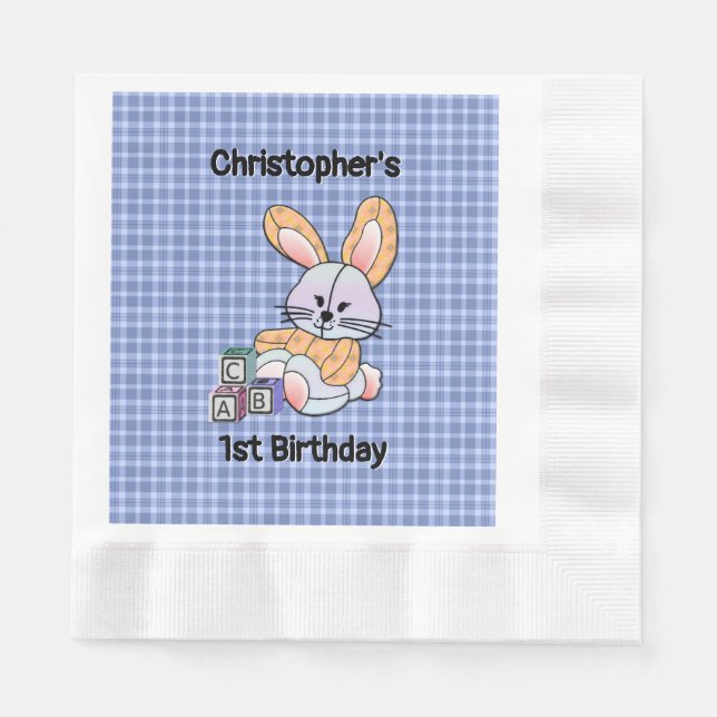 Personalized Blue Plaid Nursery Art - Bunny Napkins (Front)