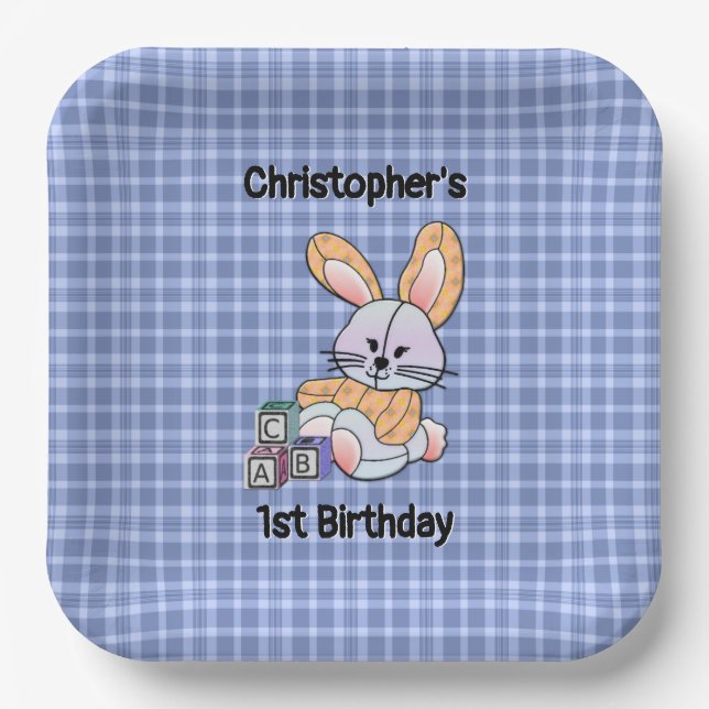 Personalized Blue Plaid Nursery Art - Bunny Paper Plates (Front)